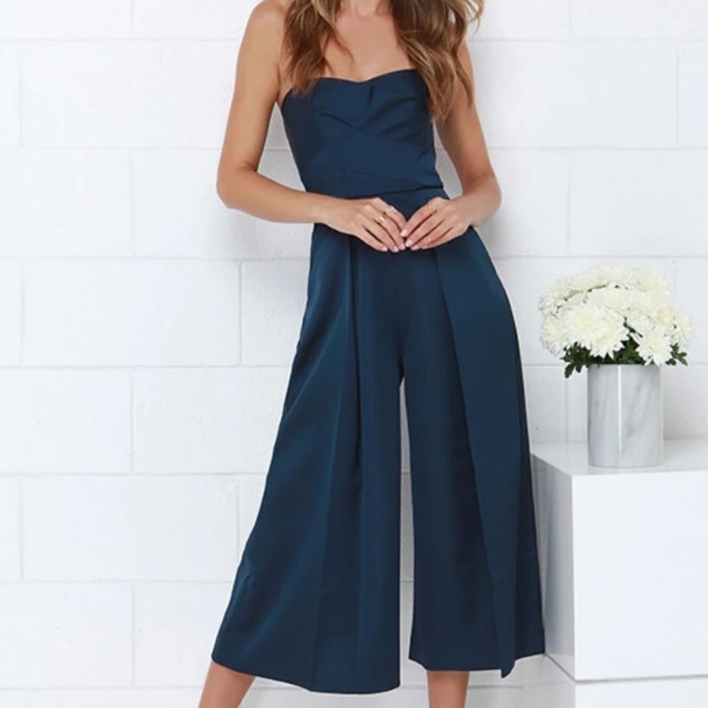 Keepsake The Label Blue True Awakening Satin Strapless Wide Leg Cropped Jumpsuit - Picture 3 of 9
